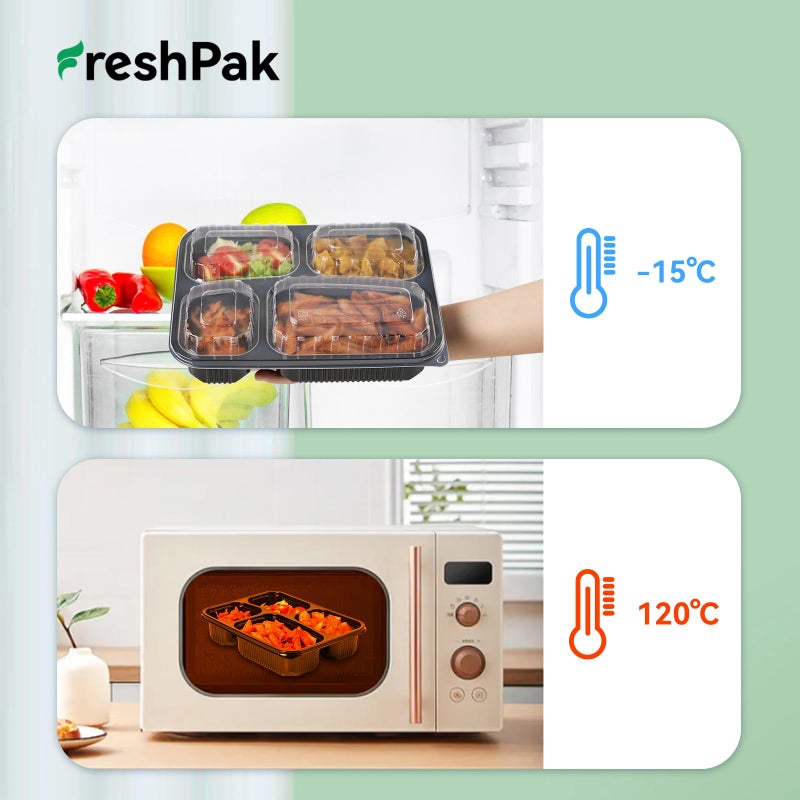 FRESHPAK Meal Prep Container Reusable 40 Pack 34oz - Shrink Wrap Leakproof | Portion Control Leftover Plastic Food Containers with Lid | BPA Free Freezer & Microwave Safe | 4 Compartment Takeout Boxes - Image 3