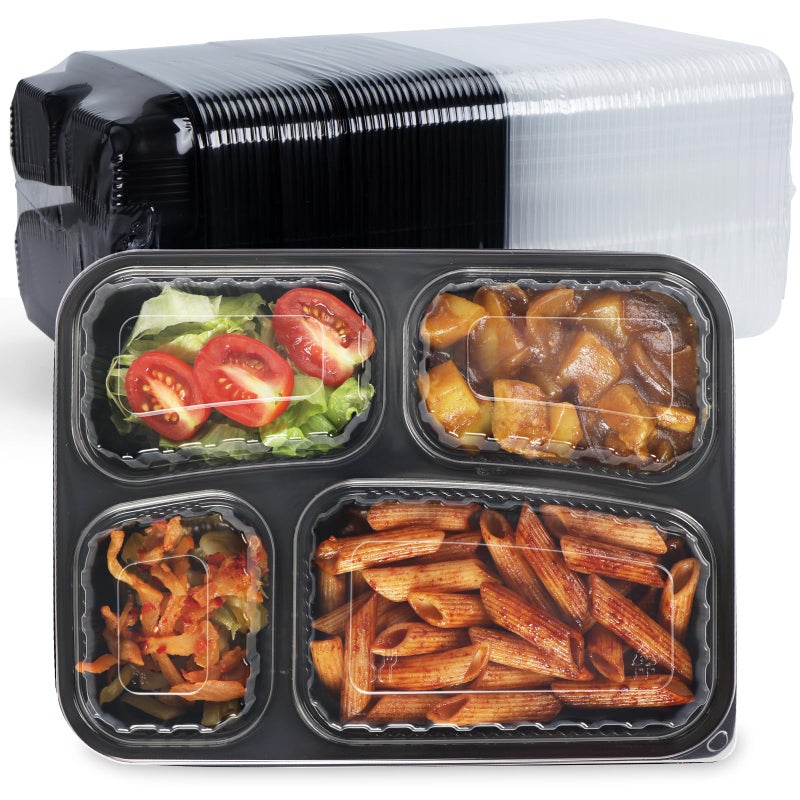 FRESHPAK Meal Prep Container Reusable 40 Pack 34oz - Shrink Wrap Leakproof | Portion Control Leftover Plastic Food Containers with Lid | BPA Free Freezer & Microwave Safe | 4 Compartment Takeout Boxes - Image 1