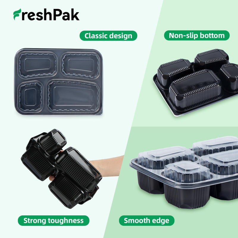 FRESHPAK Meal Prep Container Reusable 40 Pack 34oz - Shrink Wrap Leakproof | Portion Control Leftover Plastic Food Containers with Lid | BPA Free Freezer & Microwave Safe | 4 Compartment Takeout Boxes - Image 5