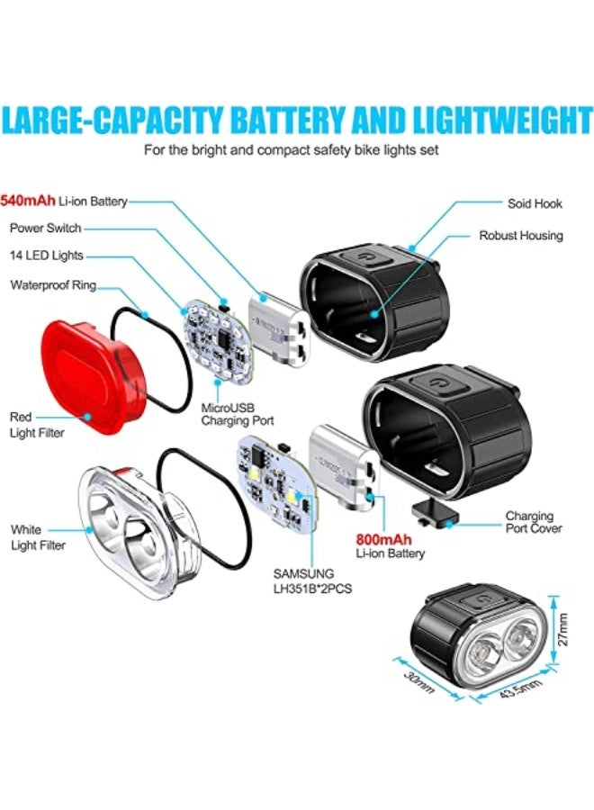 Generic Fegishilly Ultra Bright Bike Lights Set, USB Rechargeable 2 LED Front and Back Rear Bicycle Light Combo, IPX5 Waterproof Mountain Helmet Road Cycle Headlight and Taillight Set (4/6 Modes)  - Image 4
