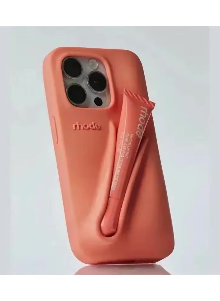 rhode Lip Gloss Phone Case with Lip Tint, For iPhone Case Liquid Silicone Camera Protection Lipstick Lip Glaze Phone Case for iPhone 13 Pro (Orange) - Image 1