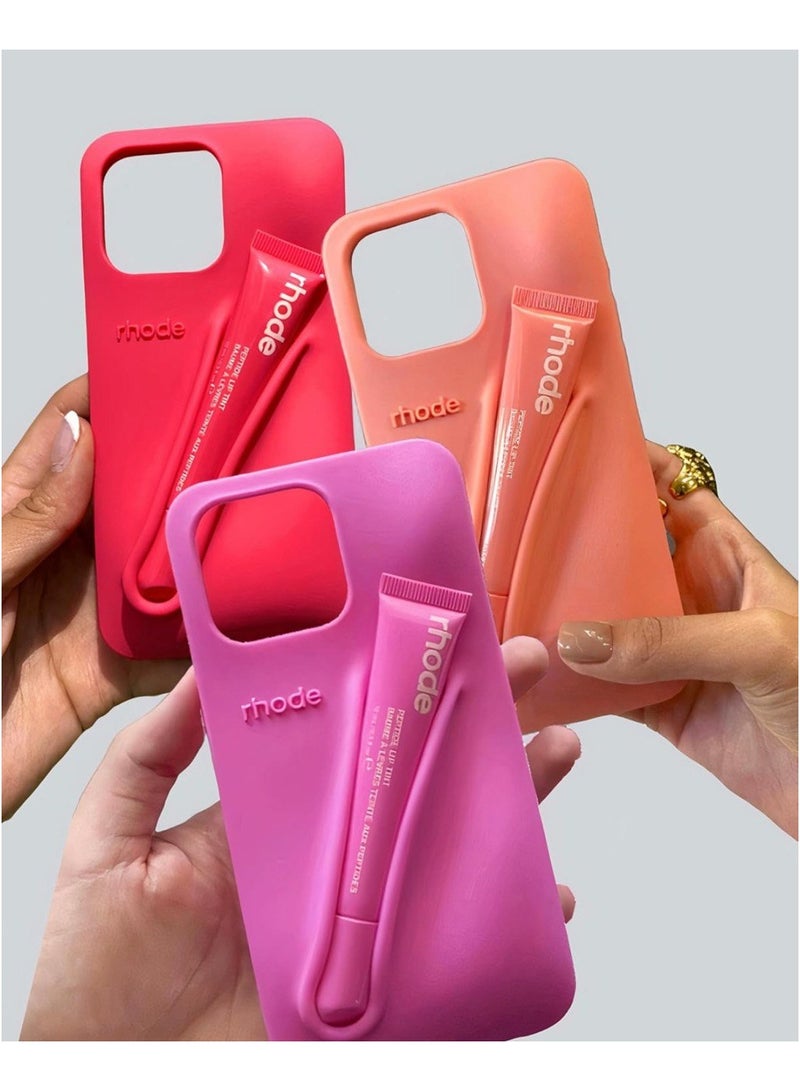 rhode Lip Gloss Phone Case with Lip Tint, For iPhone Case Liquid Silicone Camera Protection Lipstick Lip Glaze Phone Case for iPhone 13 Pro (Orange) - Image 3