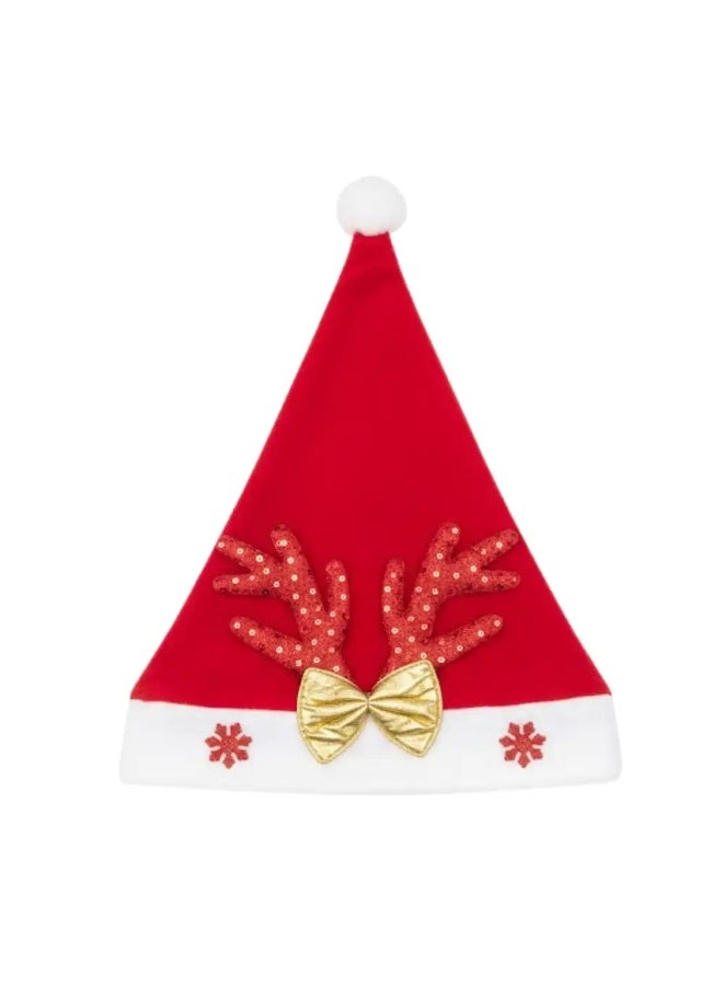 Soft Christmas Santa Claus Hat With Golden Bow And Red Antler For Christmas Party