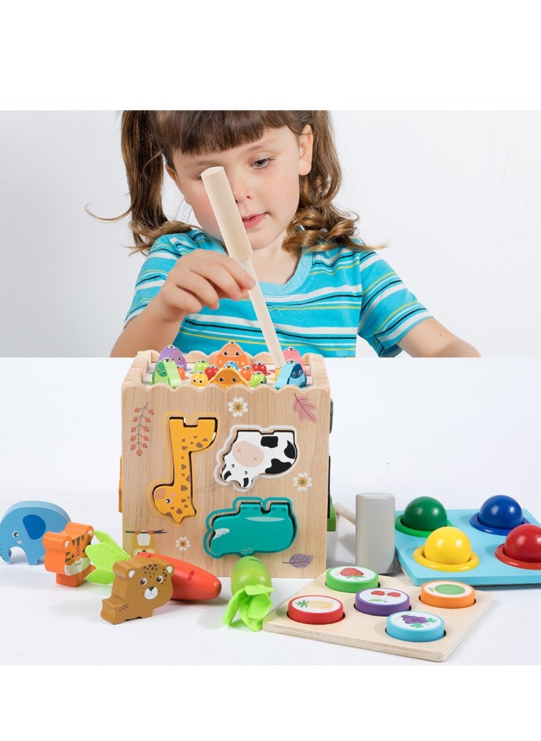8 in 1 Multifunctional wooden toys For Toddlers Educational Wooden Game for Radish pulling game,Four-color knock ball game,Game of fishing and catching worms,Animal pairing,Clock cognition, Geometric/Fruit /colorpairing, Toy for Boys Girls Birthday Gift, Gift for 3+ Years  - Image 3