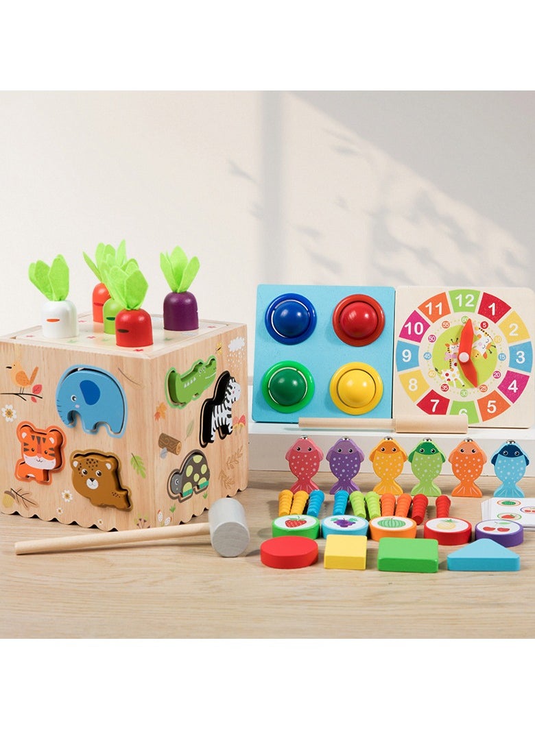 8 in 1 Multifunctional wooden toys For Toddlers Educational Wooden Game for Radish pulling game,Four-color knock ball game,Game of fishing and catching worms,Animal pairing,Clock cognition, Geometric/Fruit /colorpairing, Toy for Boys Girls Birthday Gift, Gift for 3+ Years  - Image 2