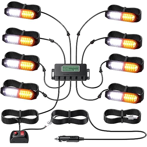EYPINS LED Surface Mount Strobe Lights Kit,White Amber Flashing Car Truck Strobe Light,8pcs Surface Mount Emergency Warning Flashing Strobe Lights,30 Strobe Mode,Memory Function,12V,24V,Waterproof - Image 1