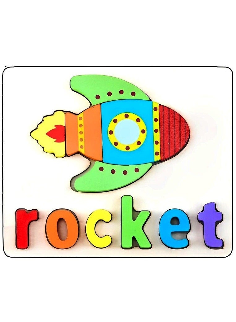 ألغاز خشبية ثلاثية الأبعاد مصممة لتعليم الأطفال الأشكال مع مسمياتها، أدوات دعم التعليم المبكر للآباء والمعلمين، ألوان وأنماط جذابة، تنمية المهارات الحركية من مونتيسوري، هدايا رائعة (شكل صاروخ) - Image 1