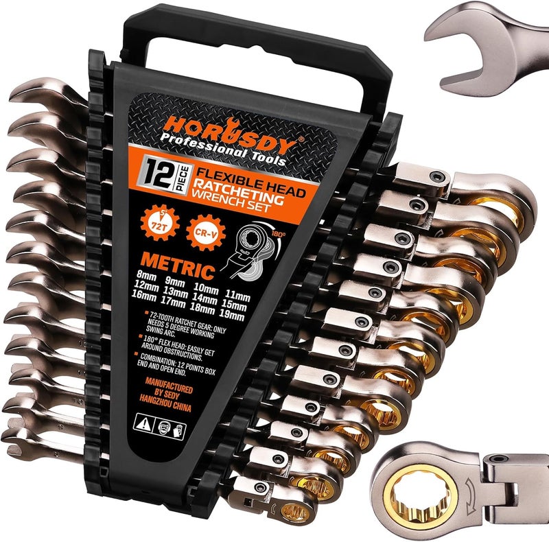 HORUSDY 12-Piece Metric Flex-Head Ratcheting Wrench Set with Organizer | 8-19 mm Ratchet Combination Wrenches Set | 72-Teeth | Chrome Vanadium Steel - Image 1