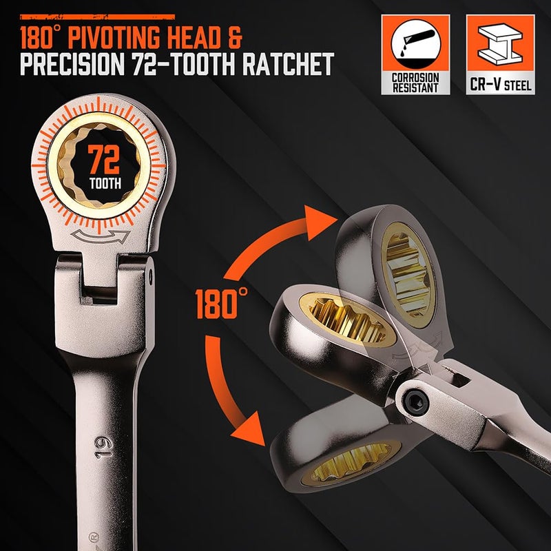 HORUSDY 12-Piece Metric Flex-Head Ratcheting Wrench Set with Organizer | 8-19 mm Ratchet Combination Wrenches Set | 72-Teeth | Chrome Vanadium Steel - Image 3