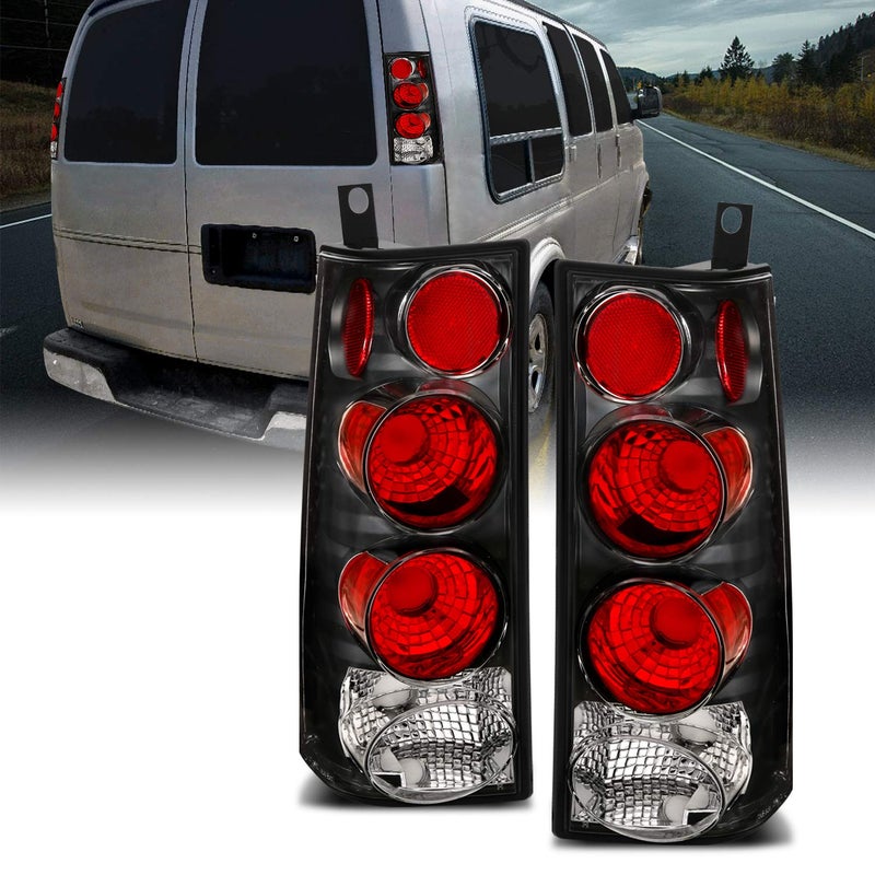 AmeriLite Halogen Taillights Assembly With Brake Lamps Replacement Set For 20032019 Chevy ExpressGMC Savana Van Euro Passenger and Driver Side Vehicle Light Assembly Black