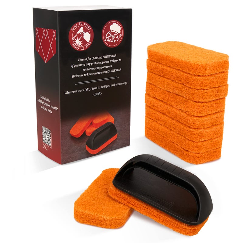 SHINESTAR 11Piece Griddle Scouring Pad for Blackstone Flat Top Grill Cleaner for Kitchen Griddle Cleaning Kit with 10 Grill Scrubber Pads  1 Handle Efficient Cleaning  Not Easily Fall Off