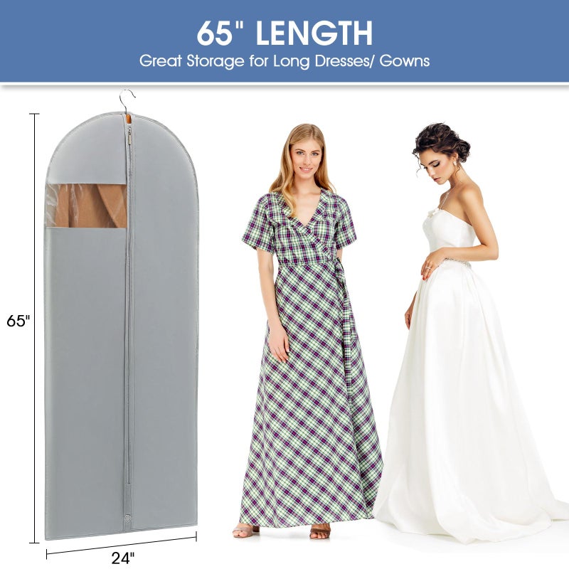 Perber Dress Bags for Gowns, 65'' Long Garment Bags for Hanging Clothes, Dress Garment Bag, Grey Dress Cover with Clear Window for Dresses, Coats, Uniforms - 5 Pack - Image 2