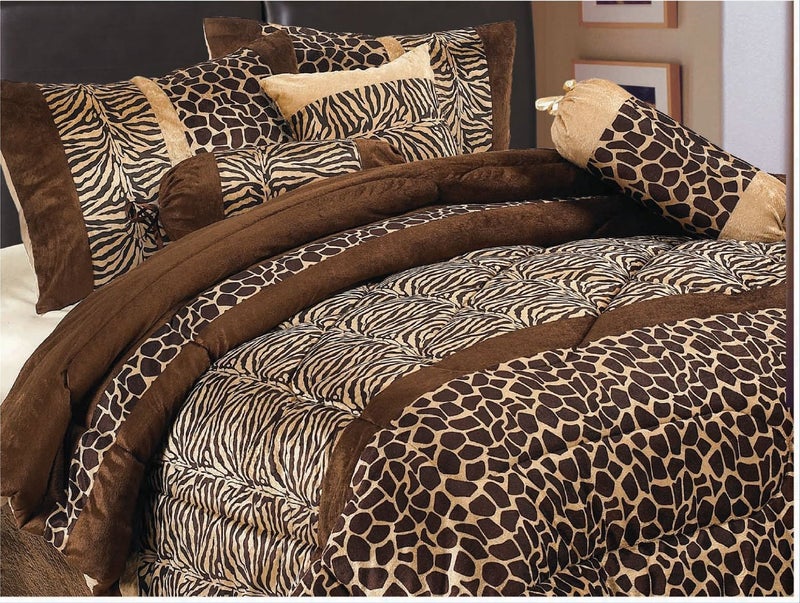Grand Linen GrandLinen 7 Piece Brown Queen Size Safari Bed in A Bag Animal Print Zebra Giraffe Comforter Set Microfur Bedding Perfect for Any Bed Room or Guest Room