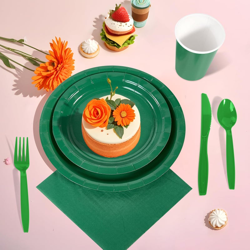 Ottin 169pcs Green Paper Plates and Napkins Party Supplies Plastic Spoon Fork Knives Cups Tablecloth Disposable Decorations for Birthday Wedding Party Earth Day Fathers Day Juneteenth - Image 3