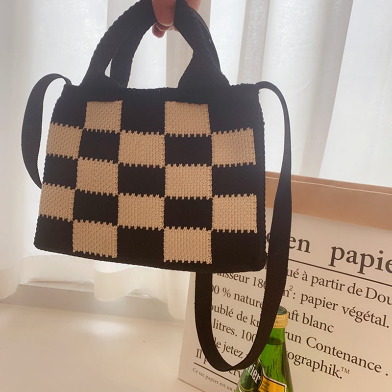 Autumn New Handbag Knitted Bag Cross-Body Bag Mini Checkerboard Tote Bag Bag For Women - Image 4