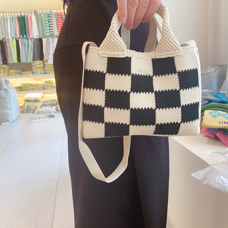 Autumn New Handbag Knitted Bag Cross-Body Bag Mini Checkerboard Tote Bag Bag For Women - Image 3