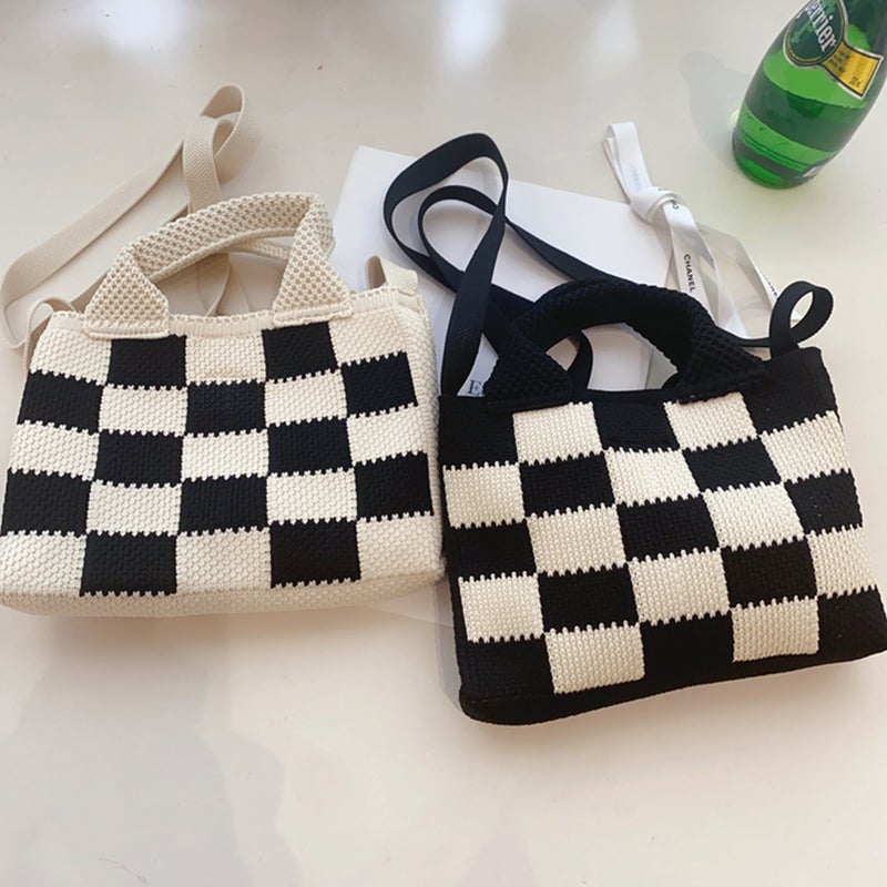Autumn New Handbag Knitted Bag Cross-Body Bag Mini Checkerboard Tote Bag Bag For Women - Image 5
