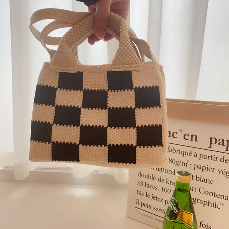 Autumn New Handbag Knitted Bag Cross-Body Bag Mini Checkerboard Tote Bag Bag For Women - Image 2