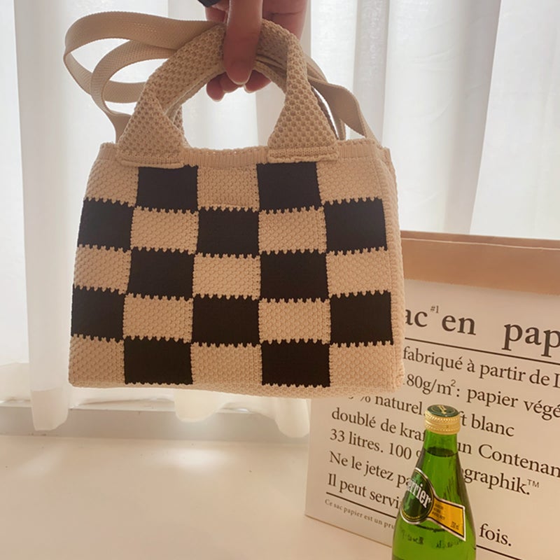 Autumn New Handbag Knitted Bag Cross-Body Bag Mini Checkerboard Tote Bag Bag For Women - Image 1