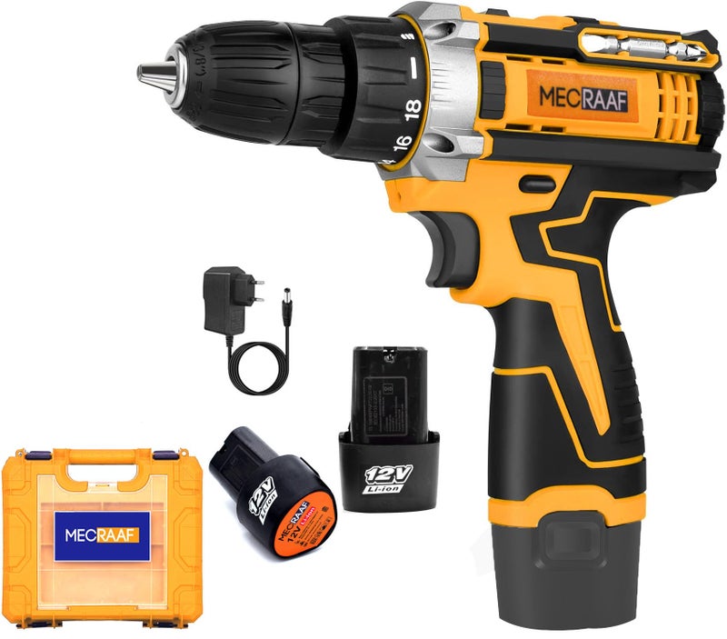 MECRAAF® 12V Cordless Screwdriver and Drill Machine - Compact, Lightweight, Powerful - 1350 RPM | Reversible switch Multi-Torque Clutch, 10mm Keyless Chuck - 2 x1.5Ah Battery | 6 months motor warranty - Image 1