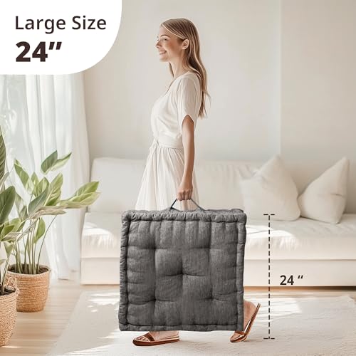 Intelligent Design Large Floor Pillow for Adults Yoga or Meditation Cushion with Handle Floor Cushion for Board Games Lustrous Chenille Tufted Handsewn Scalloped Edge Azza 24 x 24 x 5 Charcoal - Image 3