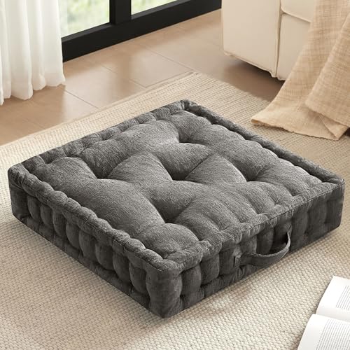 Intelligent Design Large Floor Pillow for Adults Yoga or Meditation Cushion with Handle Floor Cushion for Board Games Lustrous Chenille Tufted Handsewn Scalloped Edge Azza 24 x 24 x 5 Charcoal - Image 1