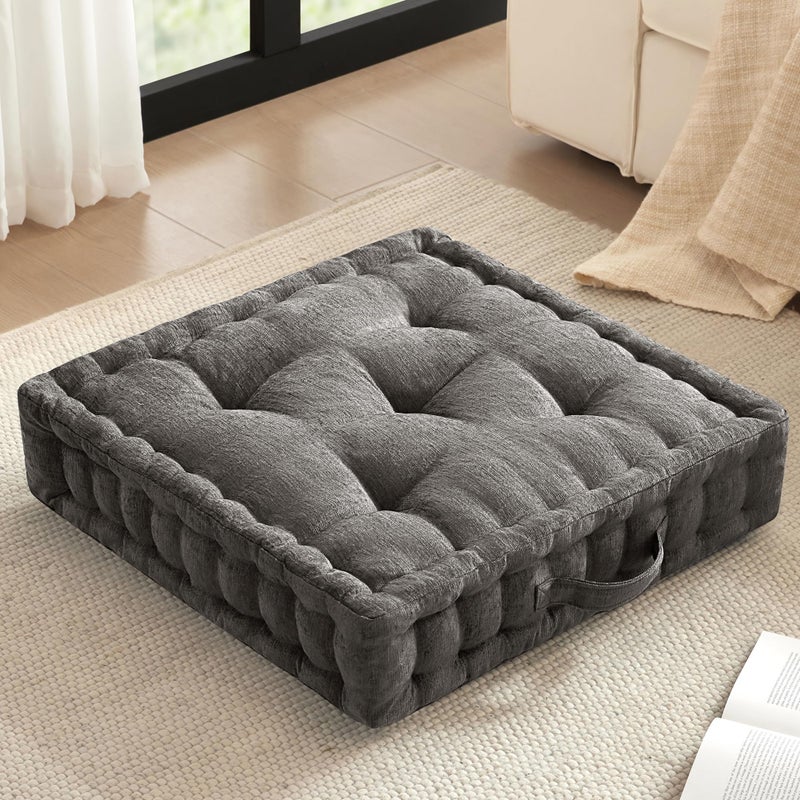 Intelligent Design Large Floor Pillow for Adults Yoga or Meditation Cushion with Handle Floor Cushion for Board Games Lustrous Chenille Tufted Handsewn Scalloped Edge Azza 24 x 24 x 5 Charcoal - Image 2