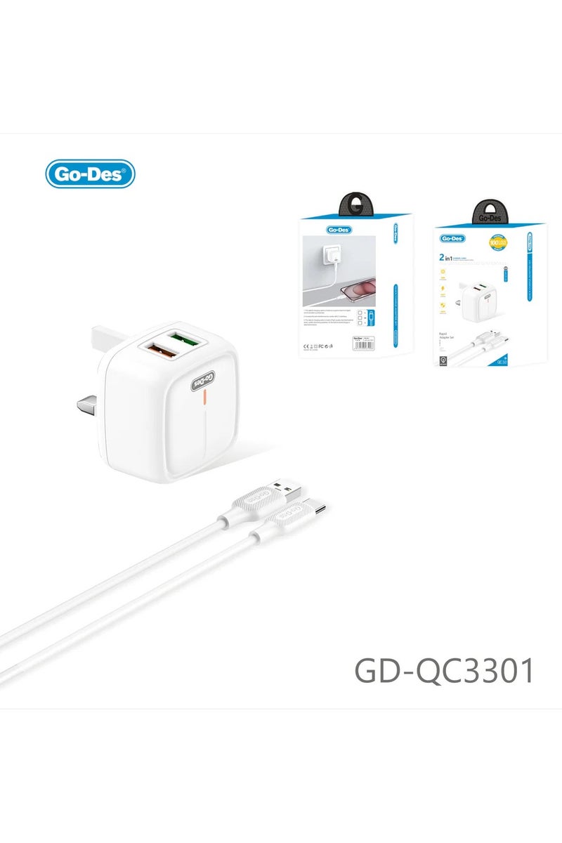 جو-ديز محول شاحن سريع بمنفذ USB مزدوج QC3.0 بمقبس المملكة المتحدة ثلاثي السنون مع مجموعة كابلات LED 2 في 1 Lightning Type-C Micro