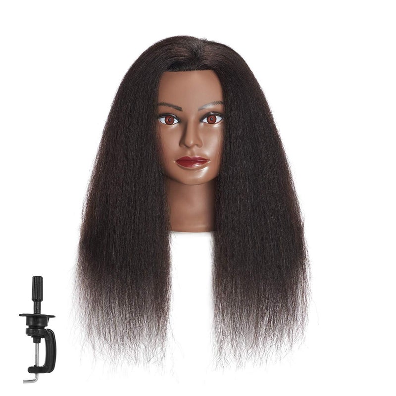 Estaur Headstar Mannequin Head 100% Real Hair 16" Afro Training Head Mannequin Doll Head Manikin Head Styling Training Head Cosmetology Doll Head Hair for Practice Cutting Braiding with Clamp Stand - Image 1