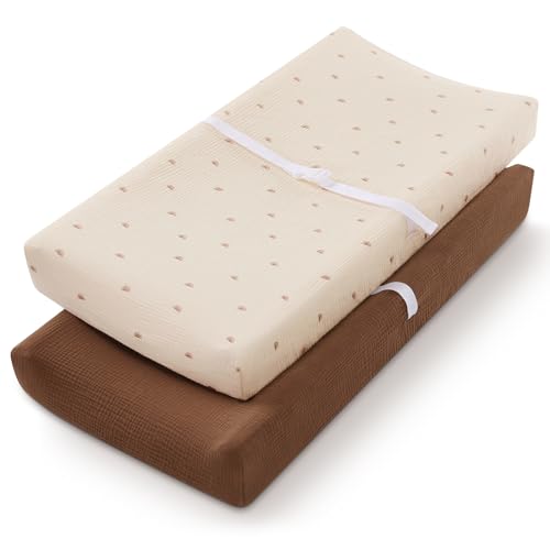 Blissful Diary Muslin Changing Pad Cover for Girls Boys Ultra Soft Breathable Cotton Baby Diaper Change Table Pad Covers 2Pack SunshineBrown