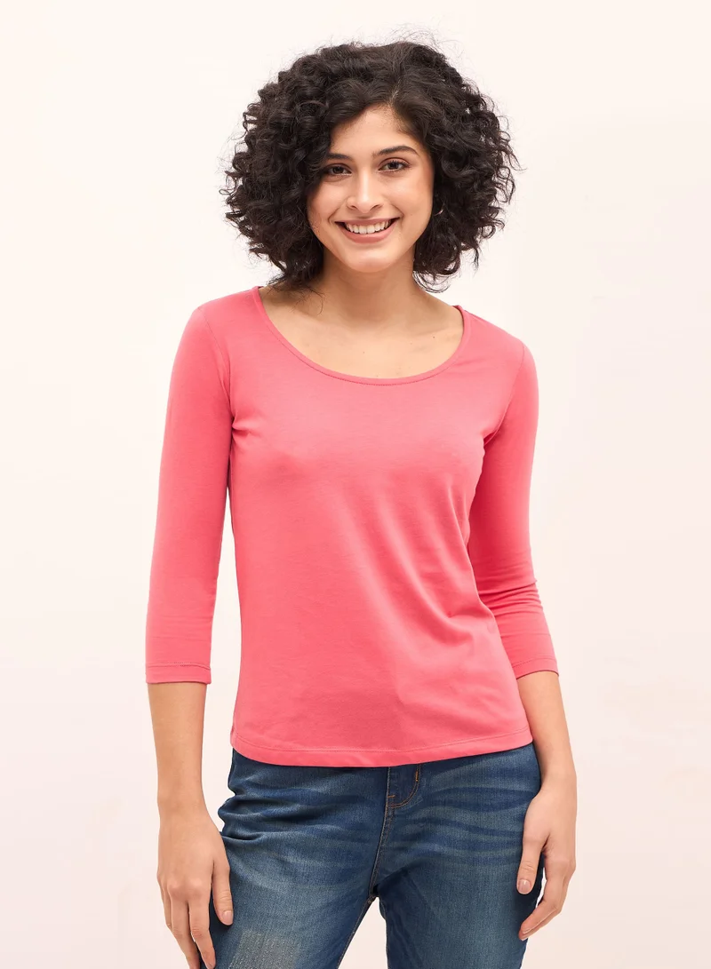 سولت اتاير Women's Coral Pink Scoop Neckline Top with 3/4th Length Sleeves, Regular Fit, and Comfortable Everyday Design for Effortless Style and Versatile Wear