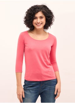 Salt Attire Women's Coral Pink Scoop Neckline Top with 3/4th Length Sleeves, Regular Fit, and Comfortable Everyday Design for Effortless Style and Versatile Wear  - Image 1