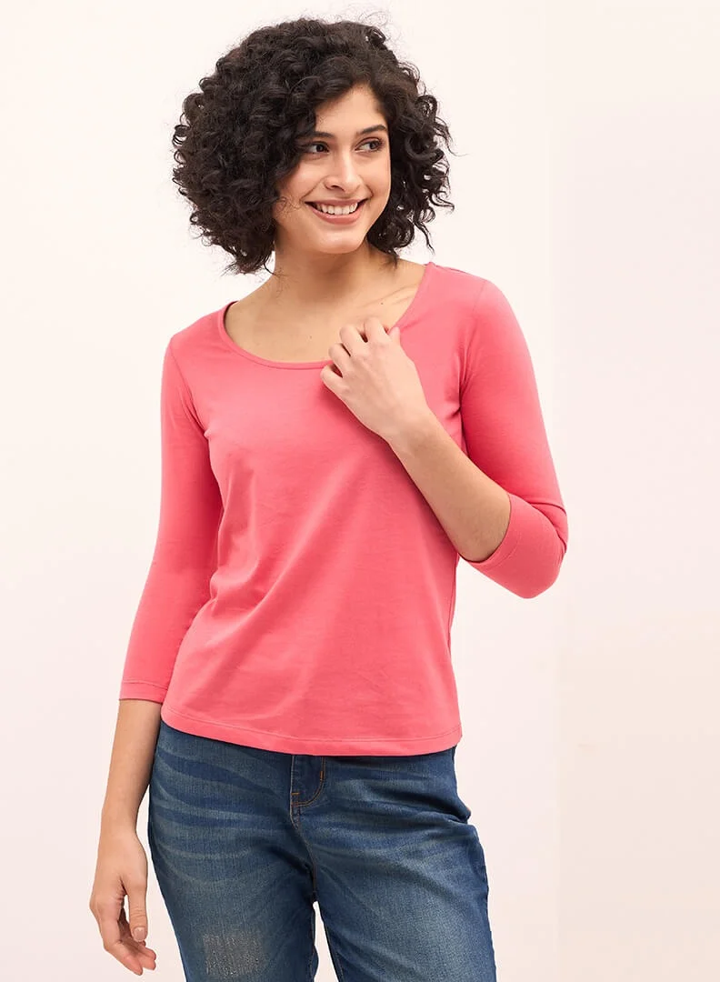 سولت اتاير Women's Coral Pink Scoop Neckline Top with 3/4th Length Sleeves, Regular Fit, and Comfortable Everyday Design for Effortless Style and Versatile Wear