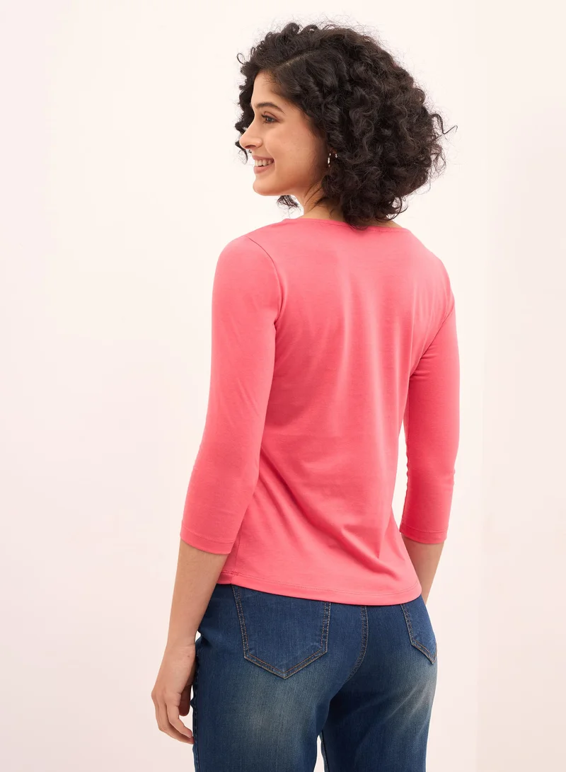 Salt Attire Women's Coral Pink Scoop Neckline Top with 3/4th Length Sleeves, Regular Fit, and Comfortable Everyday Design for Effortless Style and Versatile Wear