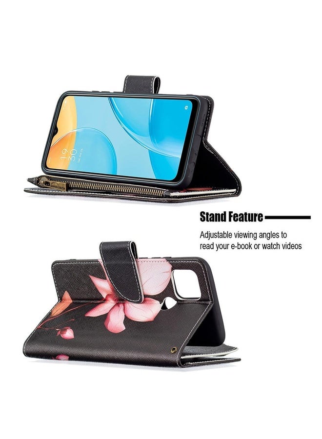 HuHa Case Cover For OPPO A15 Colored Drawing Pattern Zipper Horizontal Flip Leather Case with Holder & Card Slots & Wallet(Lotus)  - Image 4