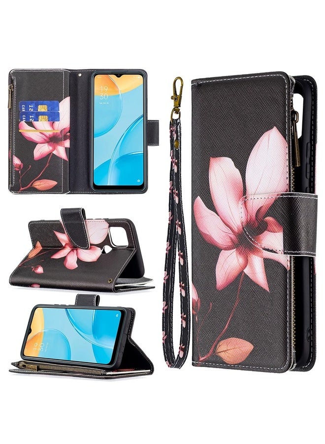 HuHa Case Cover For OPPO A15 Colored Drawing Pattern Zipper Horizontal Flip Leather Case with Holder & Card Slots & Wallet(Lotus)  - Image 1