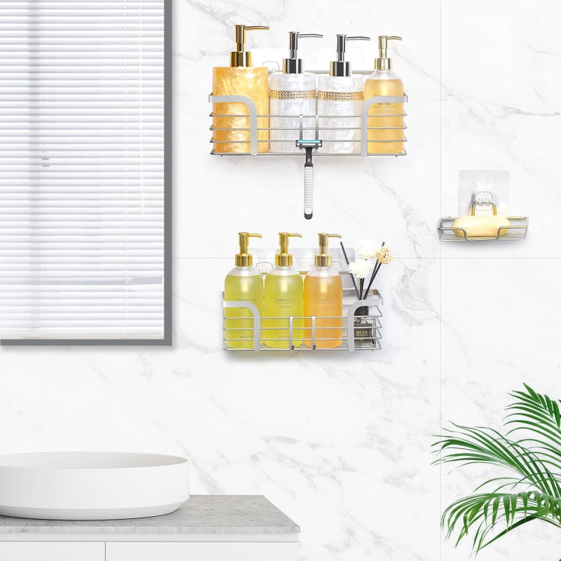 Yougai Shower Caddy Shower Shelf with Soap Dish and 4 Hooks  SUS304 Stainless Steel Shampoo Holder Bathroom Shower Organizer No Drilling Adhesive Wall Mounted Storage Shelves Basket Accessories-3 Pack - Image 3