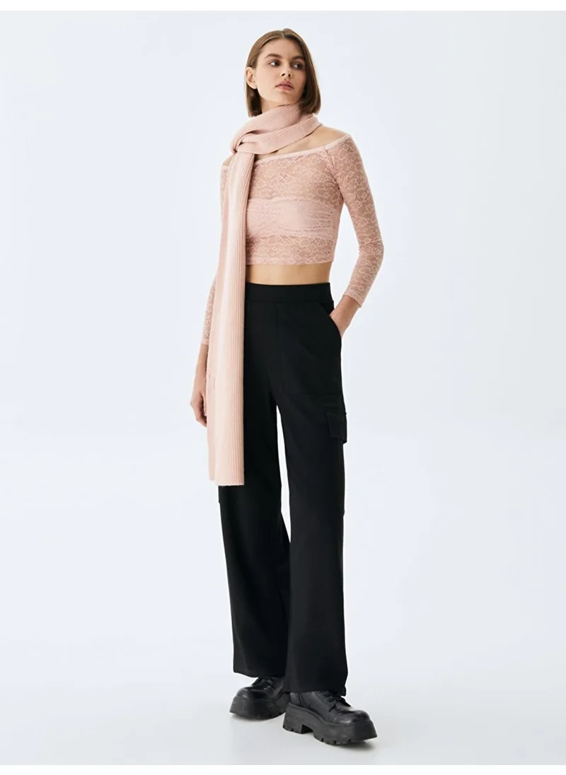 ال تي بي Women's Lace Off Shoulder Crop Top Pink Sweatshirt