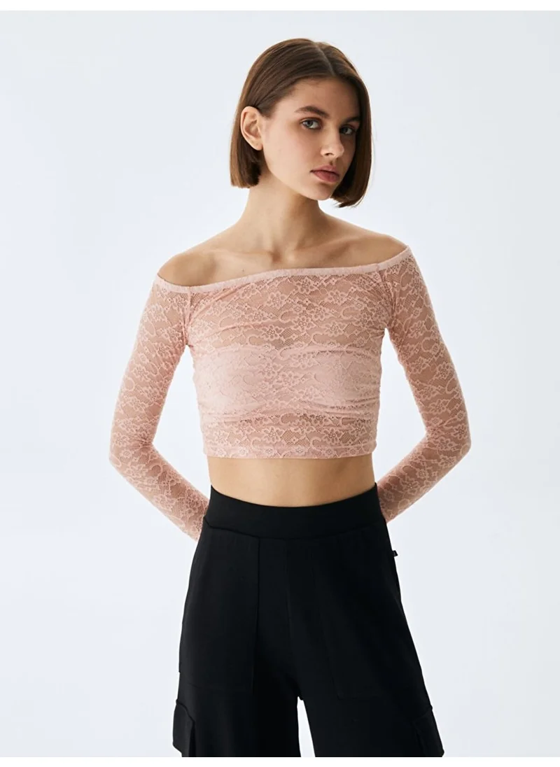 ال تي بي Women's Lace Off Shoulder Crop Top Pink Sweatshirt