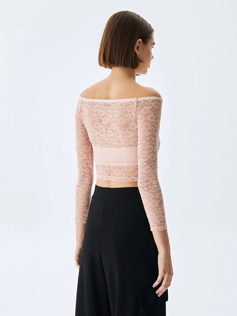 LTB Women's Lace Off Shoulder Crop Top Pink Sweatshirt