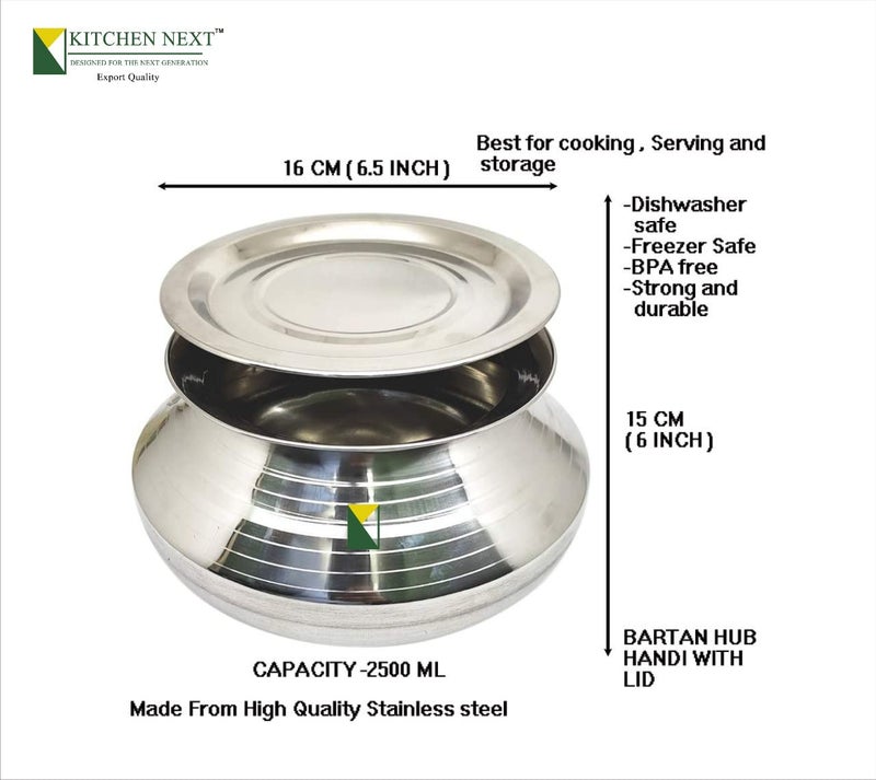 Kitchen Next muke Small Stainless Steel Handi with Lid degchi Milk Pot dekchi (Pongal Handi, 2500 ML, Dishwasher Safe) - Image 2