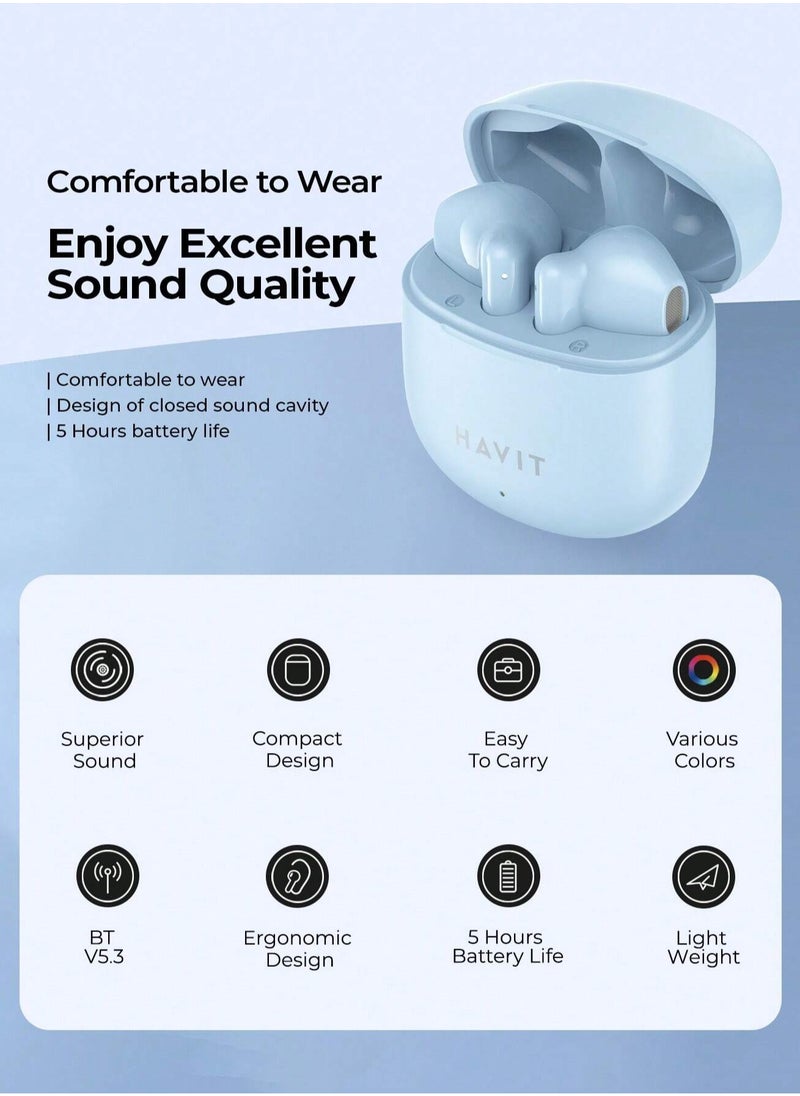 havit - True Wireless Earbuds with Stereo Sound, TWS Smart Touch Control, 25 Hours Playtime (Including Charging Case), Lightweight & Comfortable Design, Type-C Charging Port, Compatible with iOS, Android, PC, for Music, Calls, and Gaming - High-Quality Bluetooth Earbuds (Blue) - Image 1