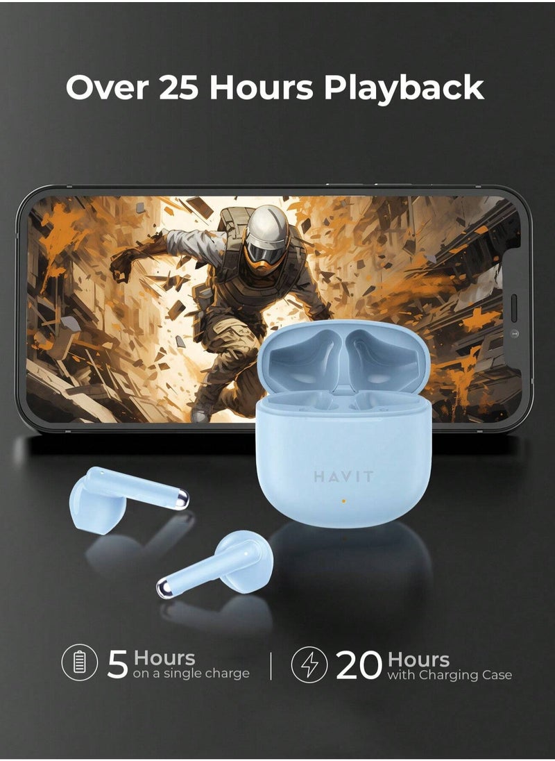 havit - True Wireless Earbuds with Stereo Sound, TWS Smart Touch Control, 25 Hours Playtime (Including Charging Case), Lightweight & Comfortable Design, Type-C Charging Port, Compatible with iOS, Android, PC, for Music, Calls, and Gaming - High-Quality Bluetooth Earbuds (Blue) - Image 1