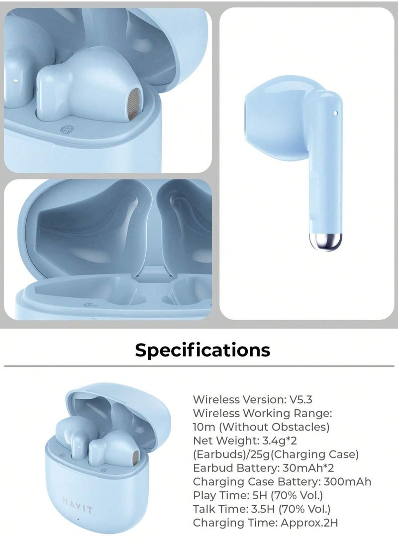 havit - True Wireless Earbuds with Stereo Sound, TWS Smart Touch Control, 25 Hours Playtime (Including Charging Case), Lightweight & Comfortable Design, Type-C Charging Port, Compatible with iOS, Android, PC, for Music, Calls, and Gaming - High-Quality Bluetooth Earbuds (Blue) - Image 1