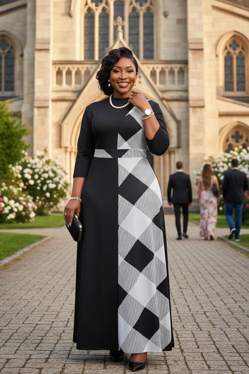 FANDEE Maxi Dresses for Women Semi Formal A-Line 3/4 Sleeve Mock Neck Elegant Dress Colorblock Church Cocktail Dress - Image 3