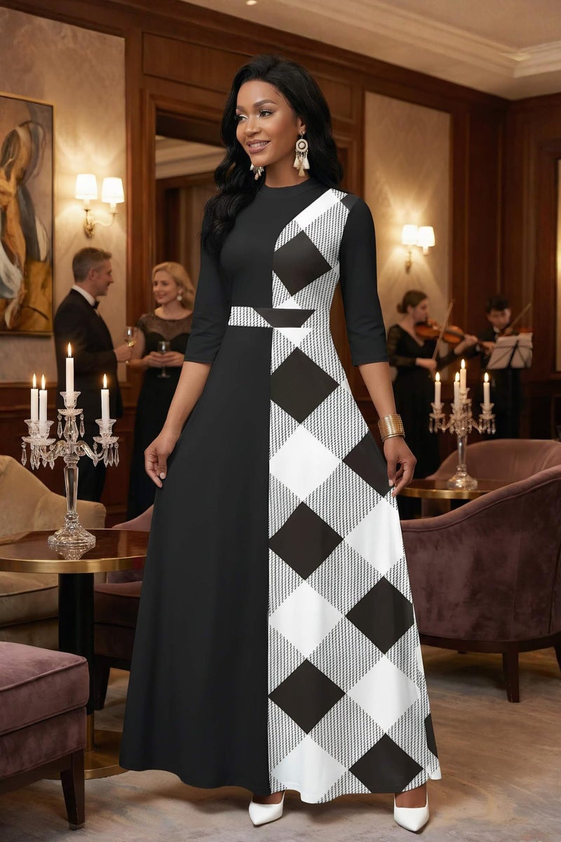FANDEE Maxi Dresses for Women Semi Formal A-Line 3/4 Sleeve Mock Neck Elegant Dress Colorblock Church Cocktail Dress - Image 2