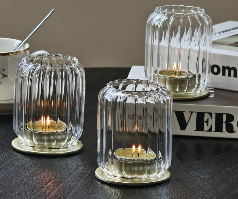 Vixdonos Glass Hurricane Tealight Candle Holder with Metal Candle Stand,Set of 3 Modern Windproof Votive Candle Holders for Wedding Party Table Centerpiece Outdoor,Clear - Image 1