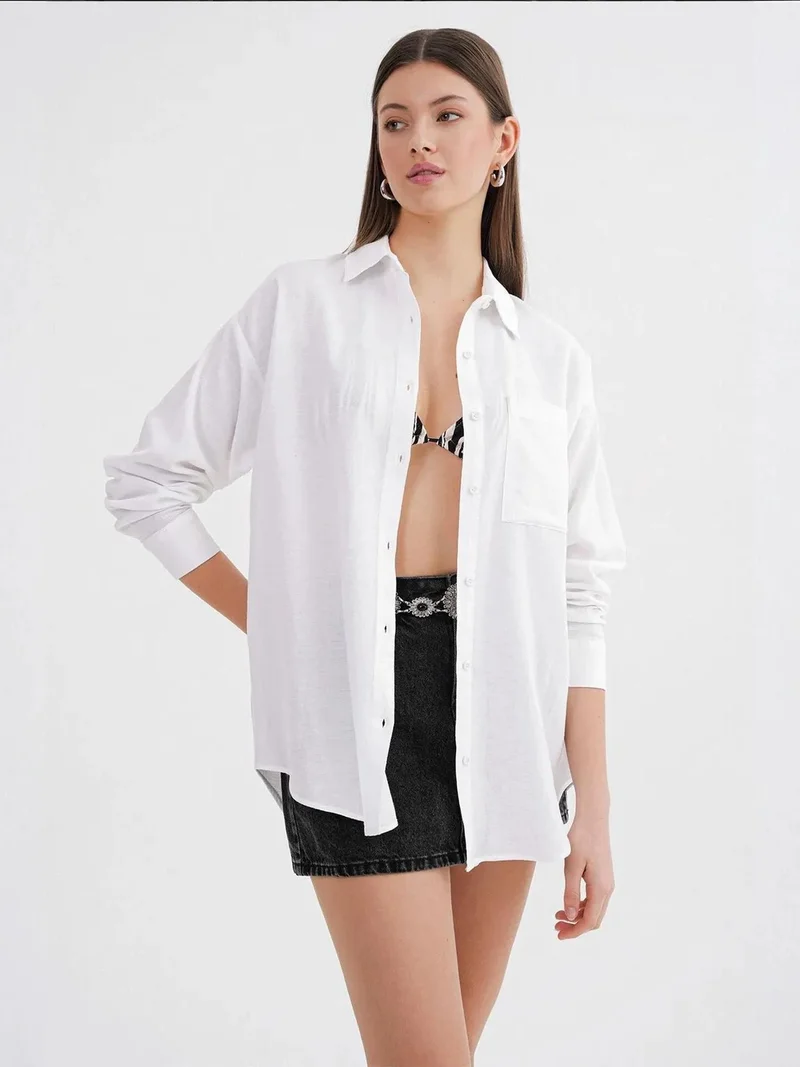 MixRay White Mixray Oversize Linen Blend Shirt for Women | Best Price UAE