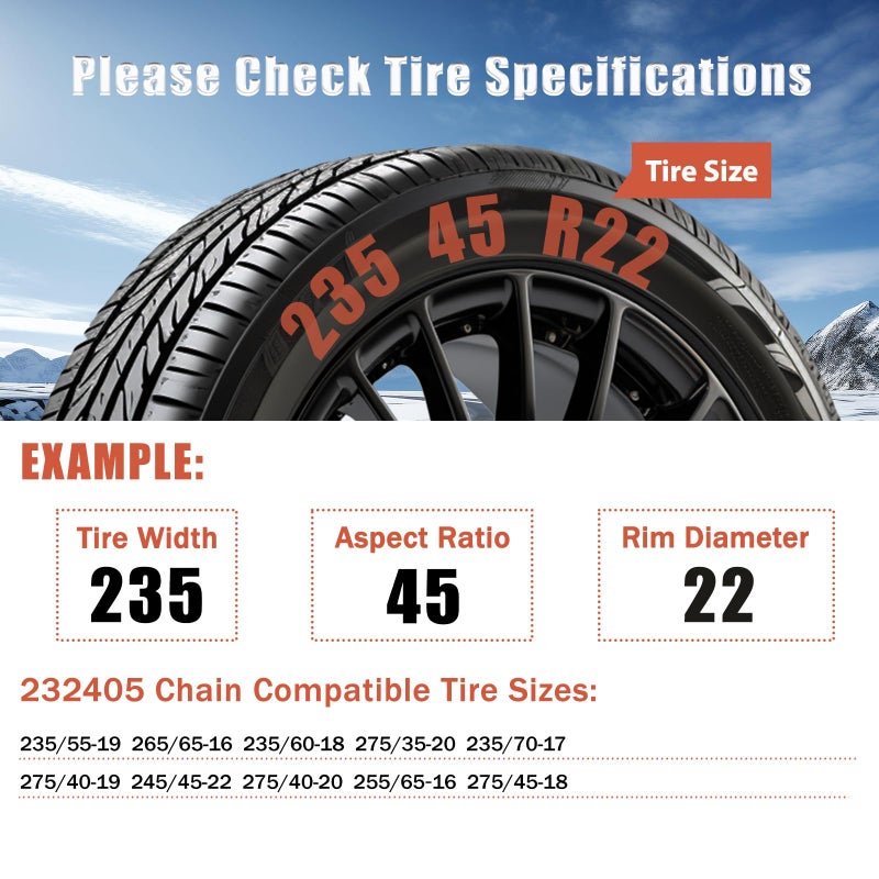 BDELI 232405 Adjustable Snow Tire Chains for Light Truck, SUV, Cars, Pickups, 2 Pack Anti-slip Snow Chains for Pickup Trucks Winter Tire Chains 235 50r20 235 55r19 235 60r18 235 80r16 snow chains for car - Image 3