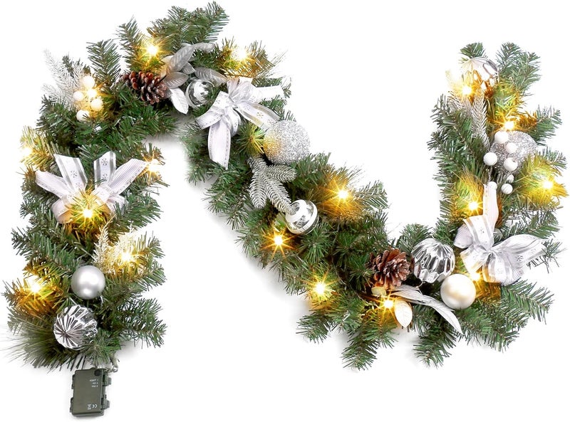 Fashionwu Silver 6 Ft Prelit Christmas Garland with Battery Operated Lights Waterproof Suitable for Mantle Door Stairs Railing  Table - Image 1